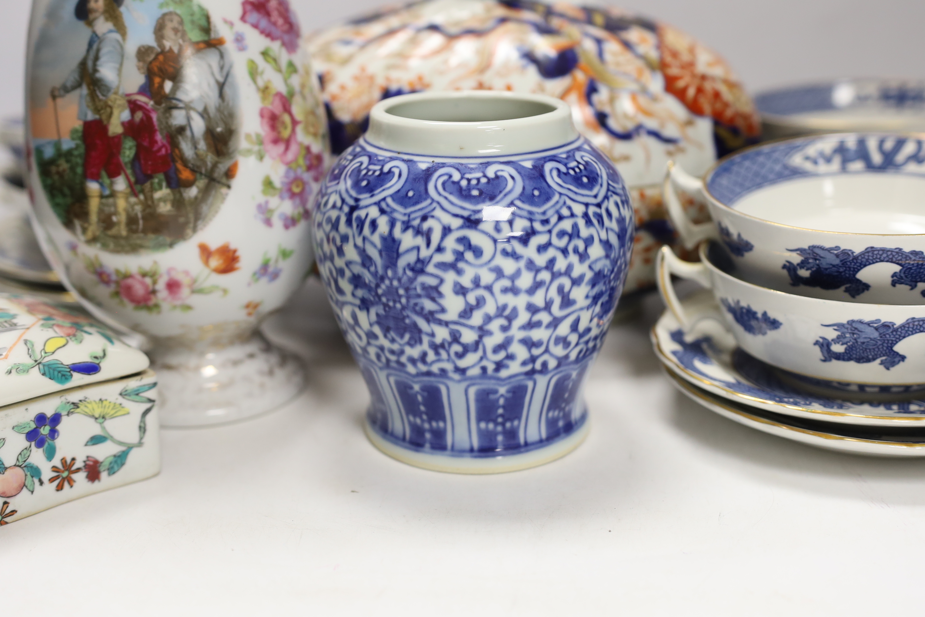 A 19th century Japanese Imari box and cover together with other Japanese, Chinese and European ceramics, largest 25cm